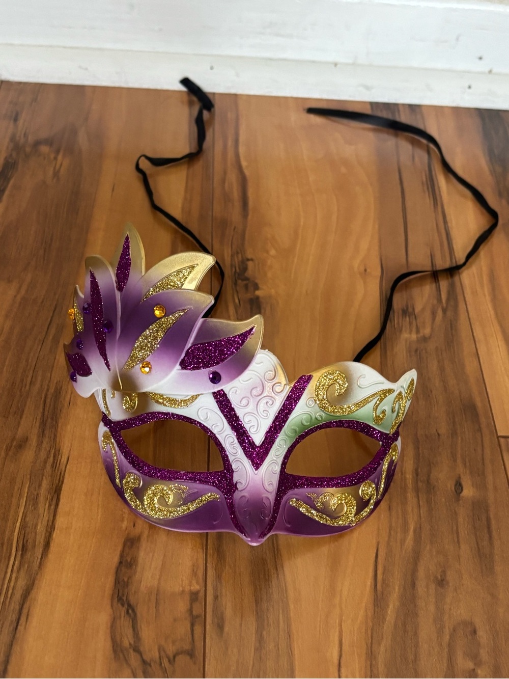 Purple and Gold Masquerade Halloween Mask with glitter and beaded detail